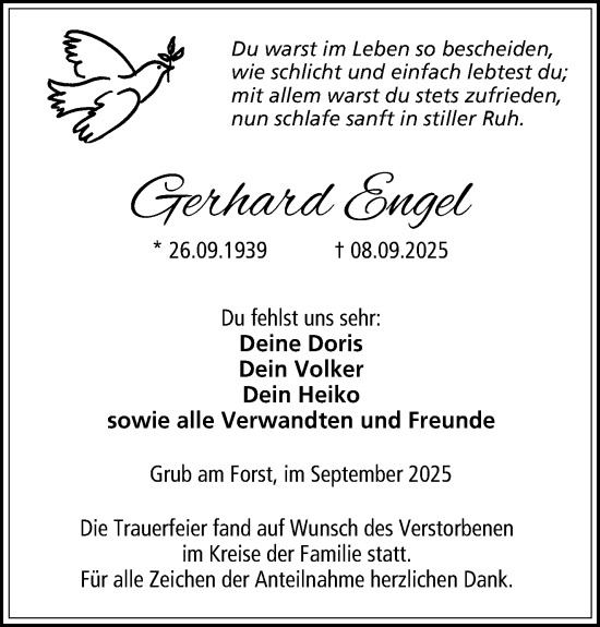 Traueranzeige von Gerhard Engel von Neue Presse Coburg