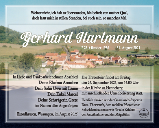 Traueranzeige von Gerhard Hartmann von Südthüringer Presse
