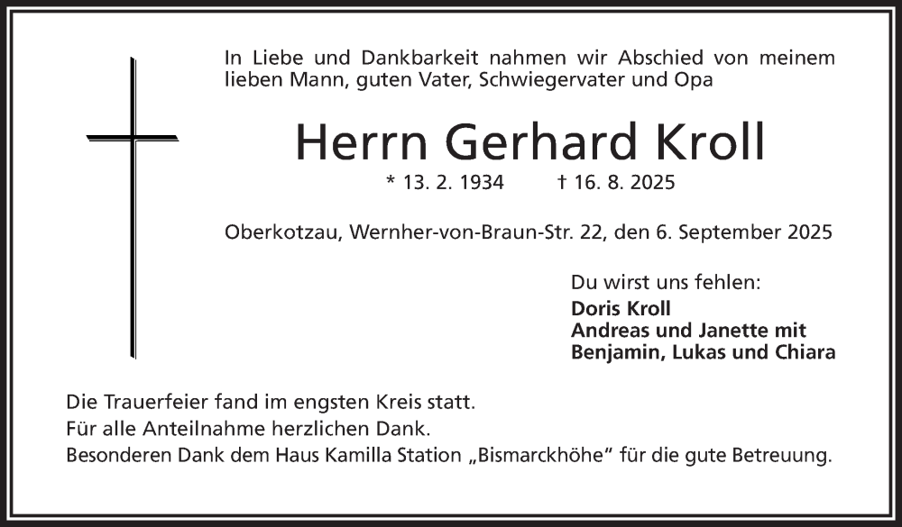  Traueranzeige für Gerhard Kroll vom 06.09.2025 aus Frankenpost