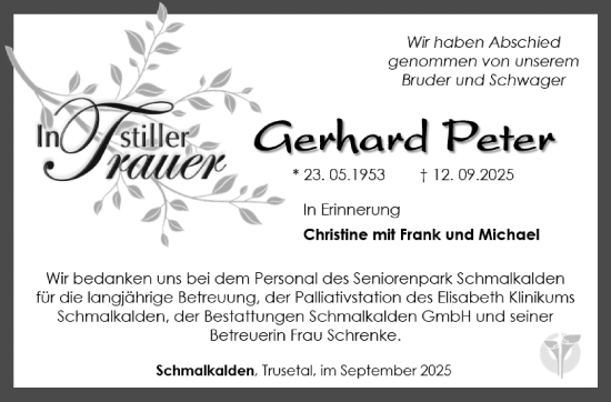 Traueranzeige von Gerhard Peter von Südthüringer Presse