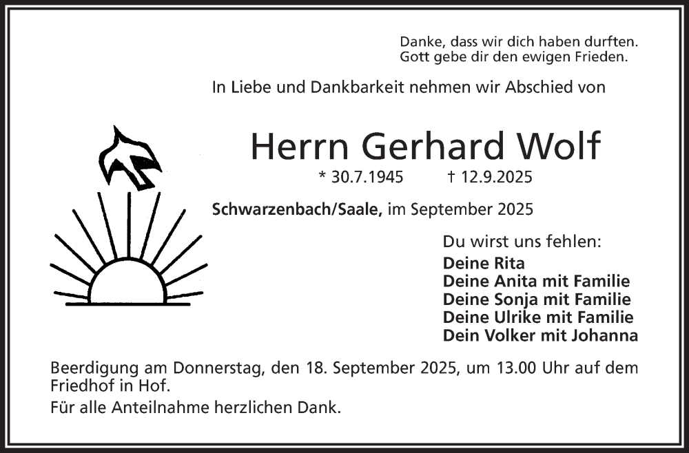  Traueranzeige für Gerhard Wolf vom 16.09.2025 aus Frankenpost