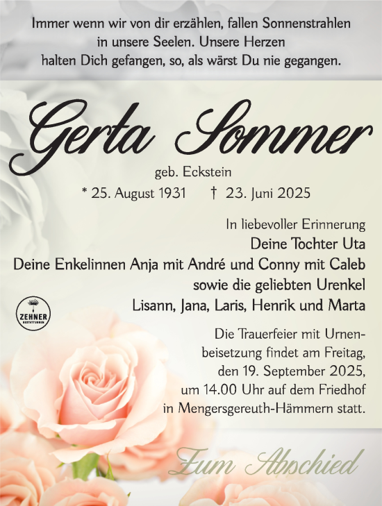 Traueranzeige von Gerta Sommer von Südthüringer Presse