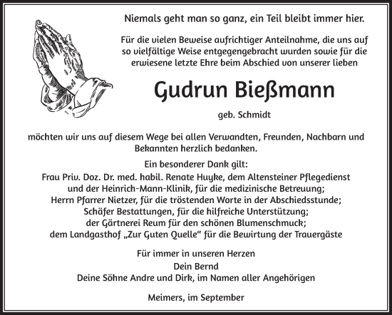 Traueranzeige von Gudrun Bießmann von Südthüringer Presse