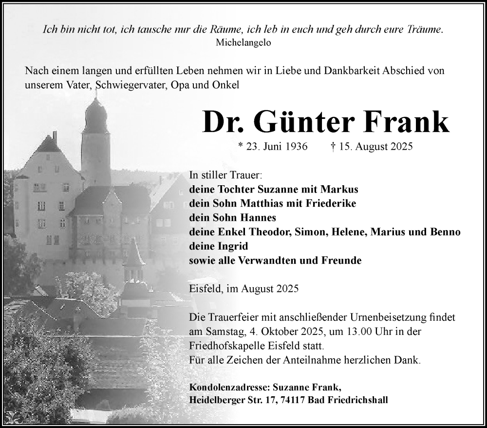  Traueranzeige für Günter Frank vom 13.09.2025 aus Südthüringer Presse