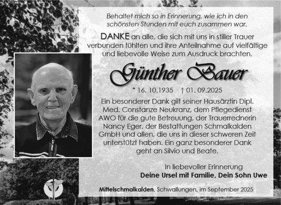 Traueranzeige von Günther Bauer von Südthüringer Presse