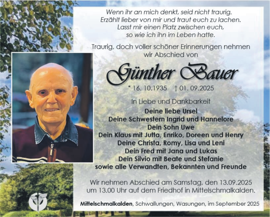 Traueranzeige von Günther Bauer von Südthüringer Presse