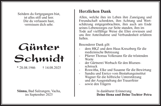 Traueranzeige von Günther Schmidt von Südthüringer Presse