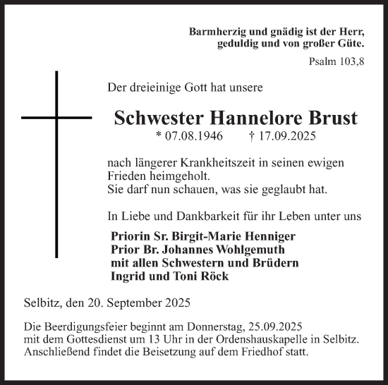 Traueranzeige von Hannelore Brust von Frankenpost