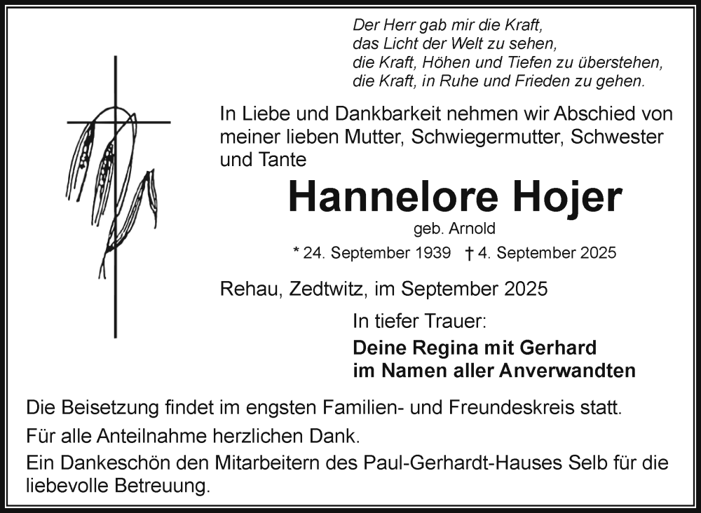  Traueranzeige für Hannelore Hojer vom 10.09.2025 aus Frankenpost