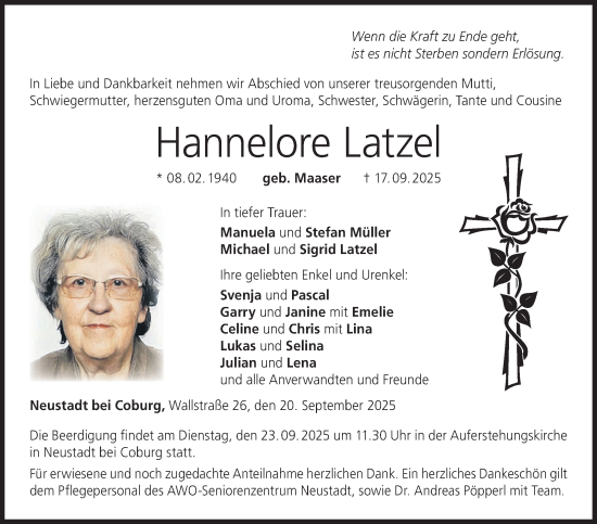 Traueranzeige von Hannelore Latzel von Neue Presse Coburg