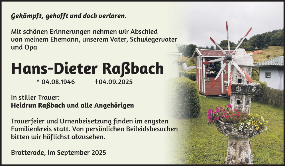  Traueranzeige für Hans-Dieter Raßbach vom 12.09.2025 aus Südthüringer Presse