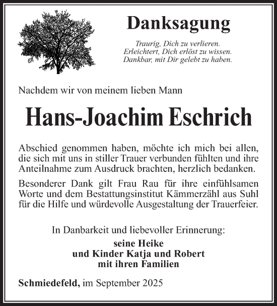 Traueranzeige von Hans-Joachim Eschrich von Südthüringer Presse