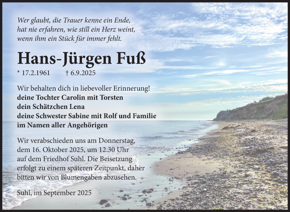  Traueranzeige für Hans-Jürgen Fuß vom 27.09.2025 aus Südthüringer Presse