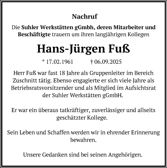 Traueranzeige von Hans-Jürgen Fuß von Südthüringer Presse