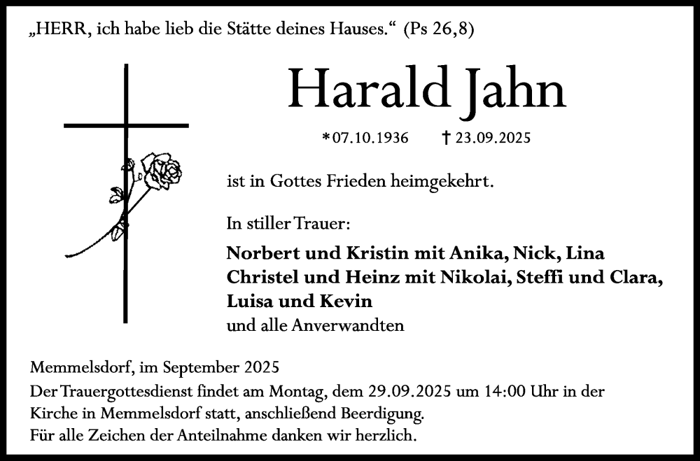  Traueranzeige für Harald Jahn vom 27.09.2025 aus Neue Presse Coburg