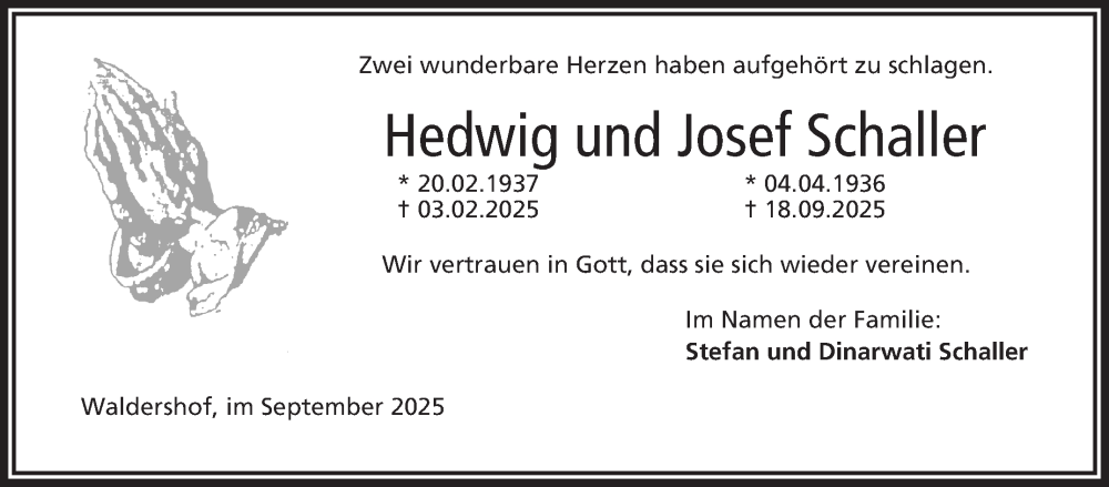  Traueranzeige für Hedwig  Josef Schaller vom 27.09.2025 aus Frankenpost