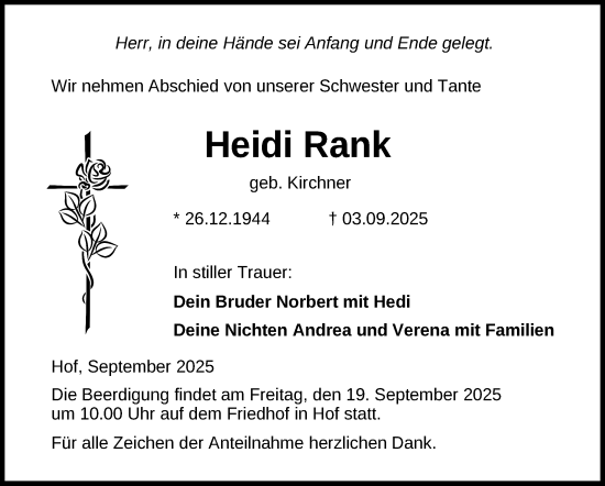 Traueranzeige von Heidi Rank von Frankenpost