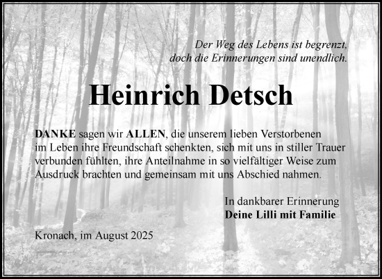 Traueranzeige von Heinrich Detsch von Neue Presse Coburg