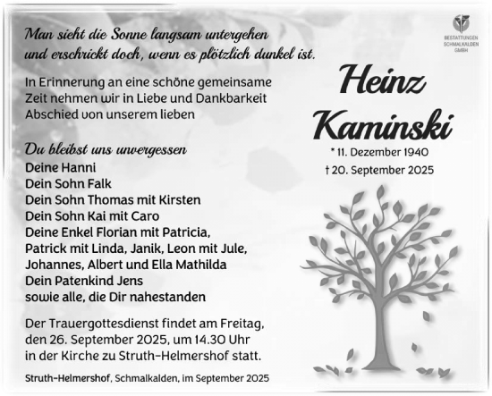 Traueranzeige von Heinz Kaminski von Südthüringer Presse