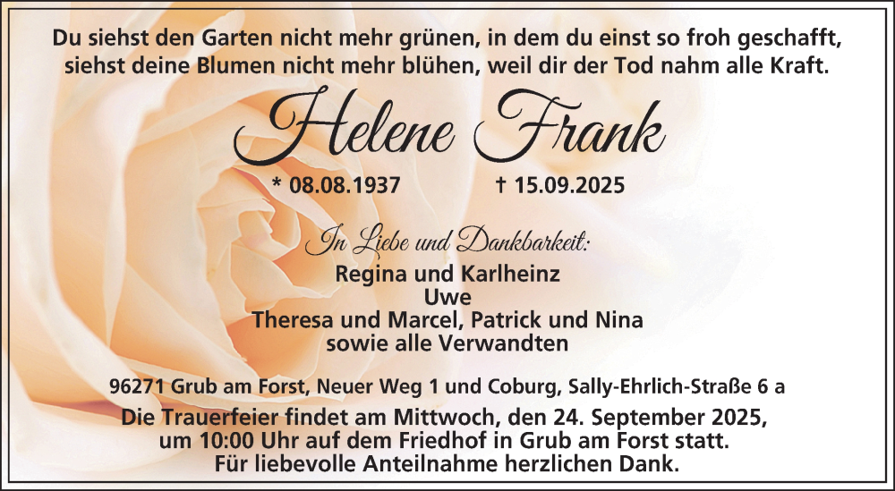  Traueranzeige für Helene Frank vom 20.09.2025 aus Neue Presse Coburg