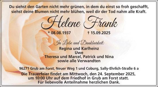Traueranzeige von Helene Frank von Neue Presse Coburg