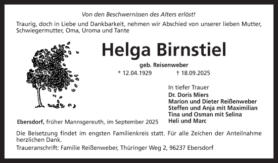 Traueranzeige von Helga Birnstiel von Neue Presse Coburg