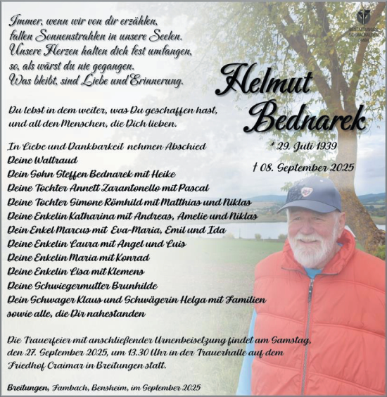 Traueranzeige von Helmut Bednarek von Südthüringer Presse