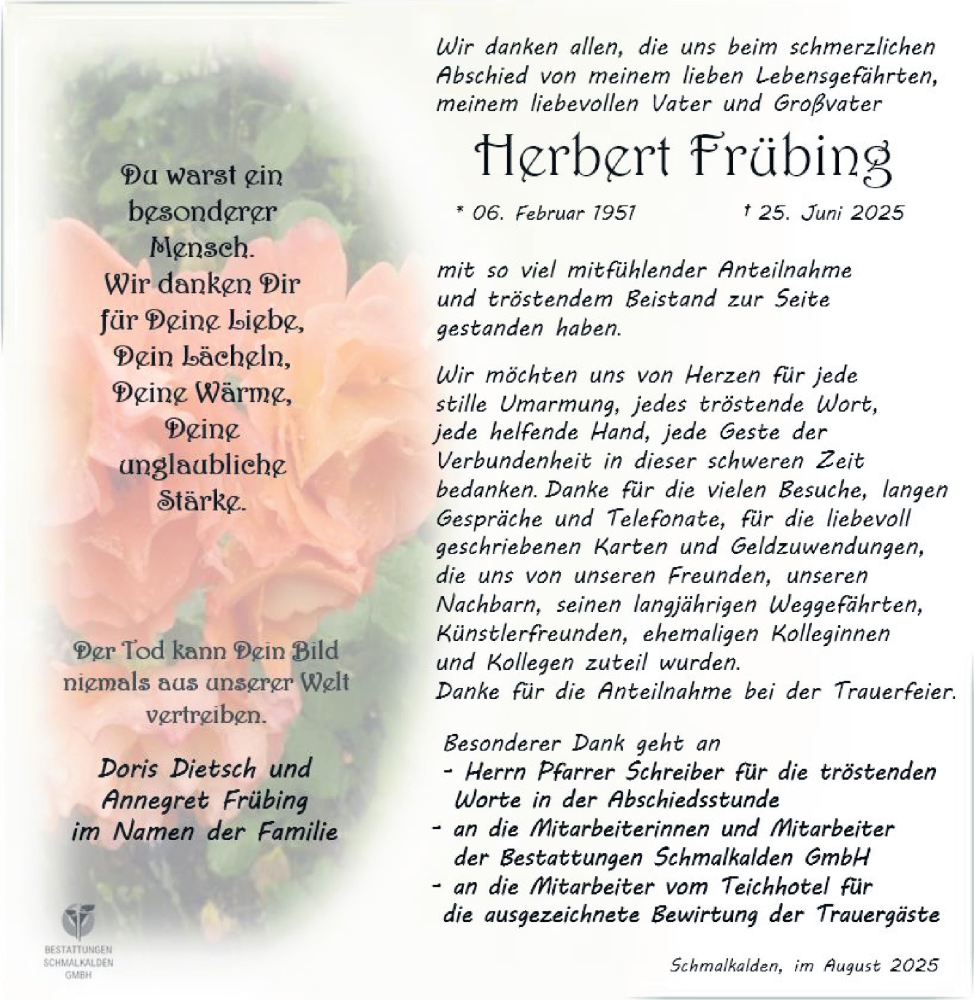  Traueranzeige für Herbert Frübing vom 06.09.2025 aus Südthüringer Presse