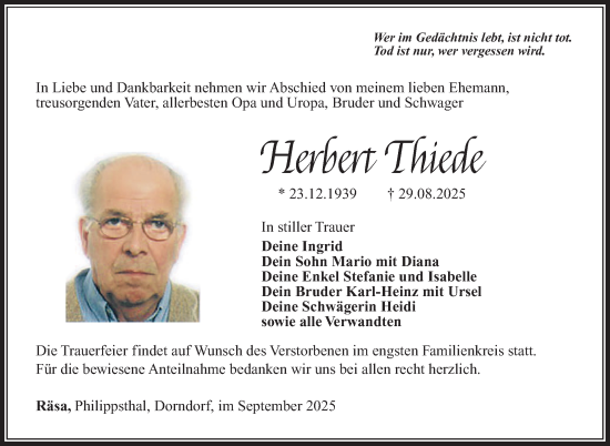 Traueranzeige von Herbert Thiede von Südthüringer Presse