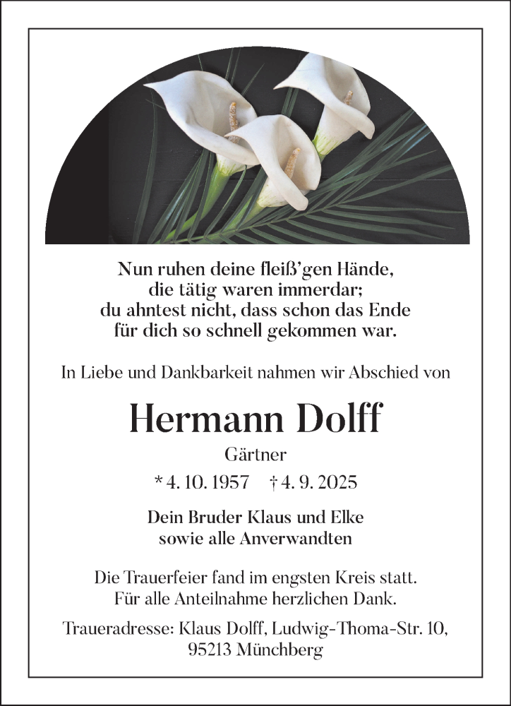  Traueranzeige für Hermann Dolff vom 20.09.2025 aus Frankenpost