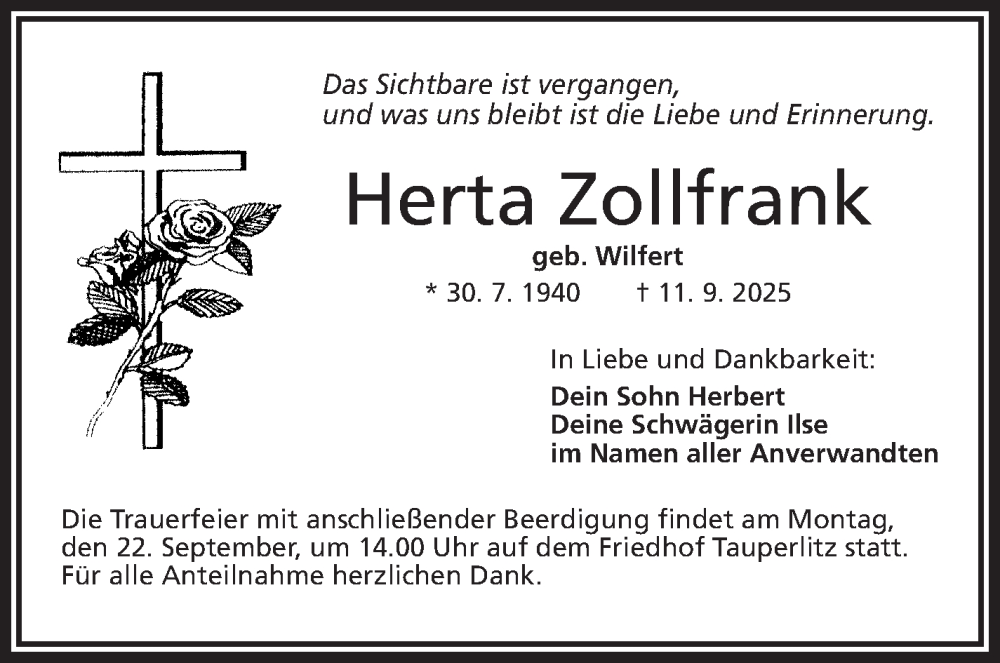  Traueranzeige für Herta Zollfrank vom 20.09.2025 aus Frankenpost