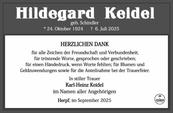 Traueranzeige von Hildegard Keidel von Südthüringer Presse