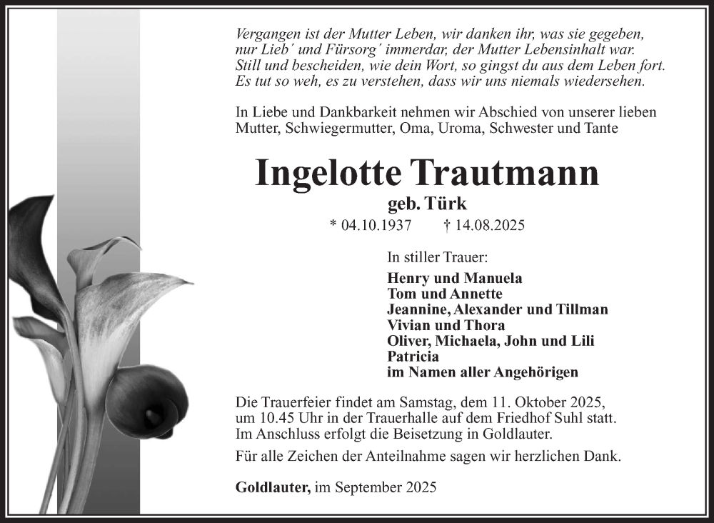  Traueranzeige für Ingelotte Trautmann vom 27.09.2025 aus Südthüringer Presse