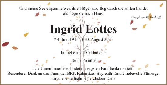 Traueranzeige von Ingrid Lottes von Frankenpost