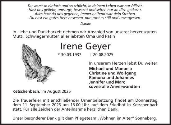 Traueranzeige von Irene Geyer von Neue Presse Coburg