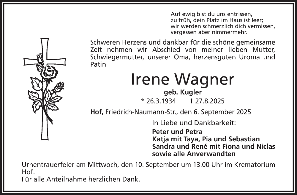  Traueranzeige für Irene Wagner vom 06.09.2025 aus Frankenpost