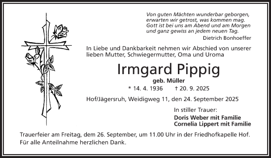 Traueranzeige von Irmgard Pippig von Frankenpost