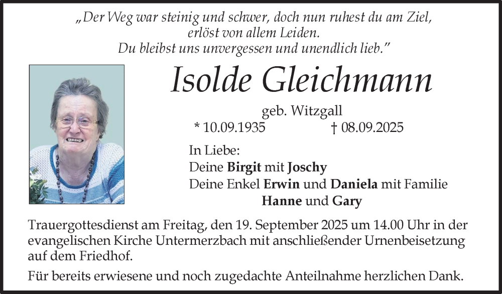  Traueranzeige für Isolde Gleichmann vom 17.09.2025 aus Neue Presse Coburg