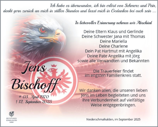 Traueranzeige von Jens Bischoff von Südthüringer Presse