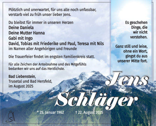 Traueranzeige von Jens Schläger von Südthüringer Presse