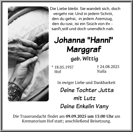 Traueranzeige von Johanna Marggraf von Frankenpost