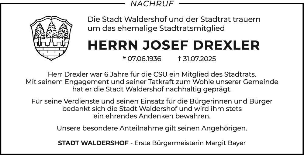  Traueranzeige für Josef Drexler vom 13.09.2025 aus Frankenpost