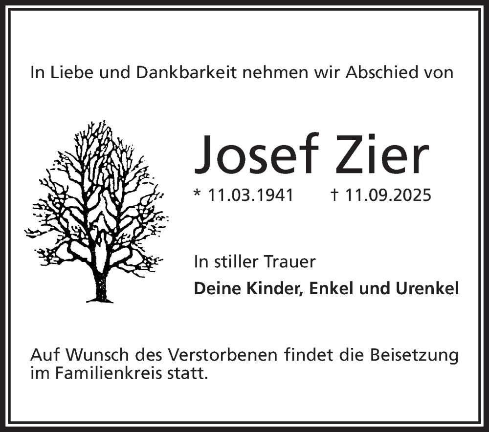  Traueranzeige für Josef Zier vom 19.09.2025 aus Neue Presse Coburg