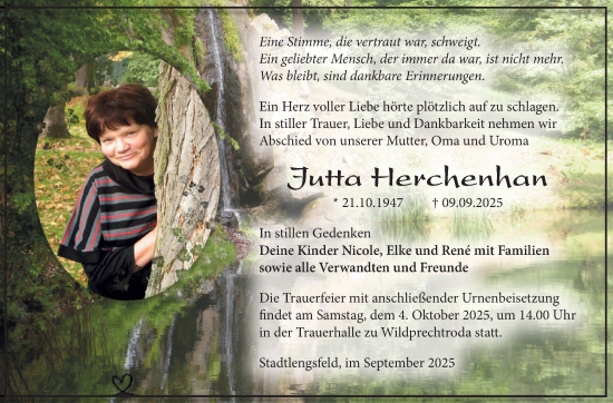 Traueranzeige von Jutta Herchenhan von Südthüringer Presse