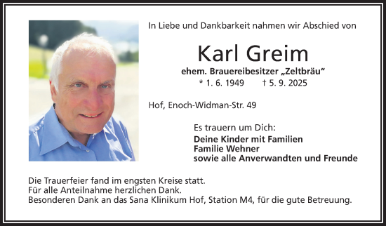 Traueranzeige von Karl Greim von Frankenpost