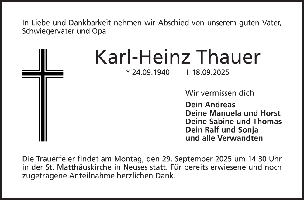  Traueranzeige für Karl-Heinz Thauer vom 27.09.2025 aus Neue Presse Coburg