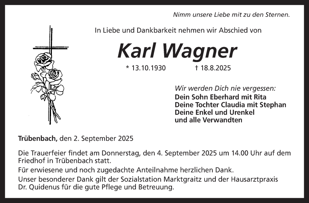  Traueranzeige für Karl Wagner vom 02.09.2025 aus Neue Presse Coburg
