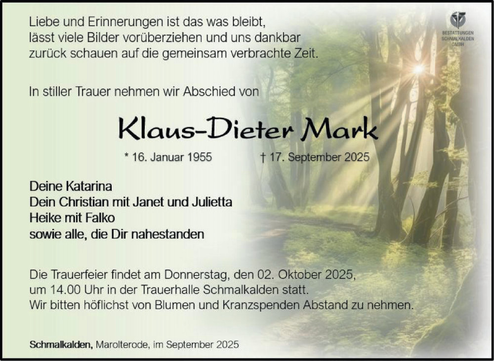 Traueranzeige für Klaus-Dieter Mark vom 27.09.2025 aus Südthüringer Presse