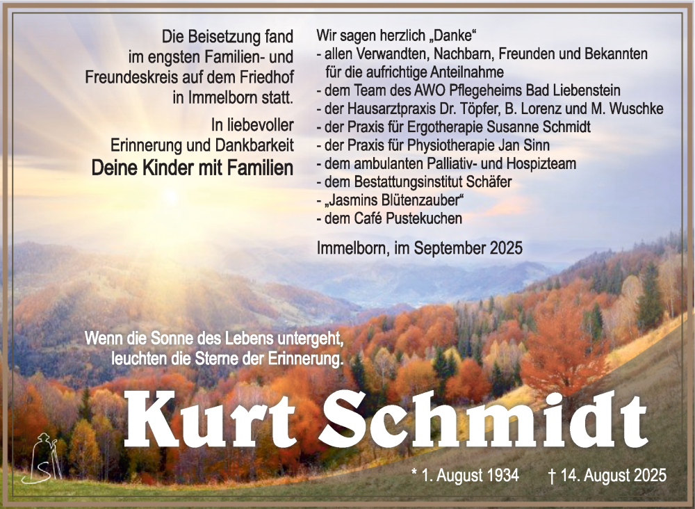  Traueranzeige für Kurt Schmidt vom 19.09.2025 aus Südthüringer Presse