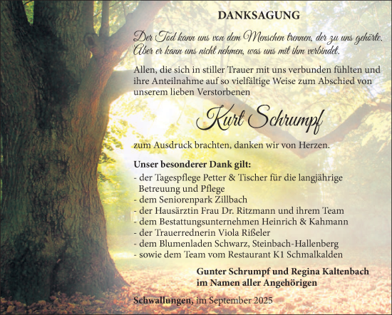 Traueranzeige von Kurt Schrumpf von Südthüringer Presse